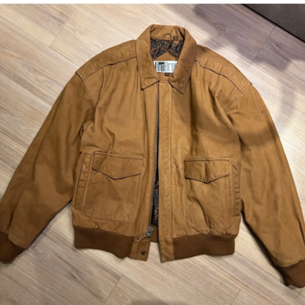 Outbrook Mens Leather Bomber Jacket Ribbed Trim Tan Brown Size L
